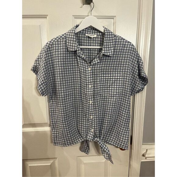 BeachLunchLounge Blue Gingham Linen Blend Button Down Tie Front Shirt sz M EUC - Picture 1 of 7